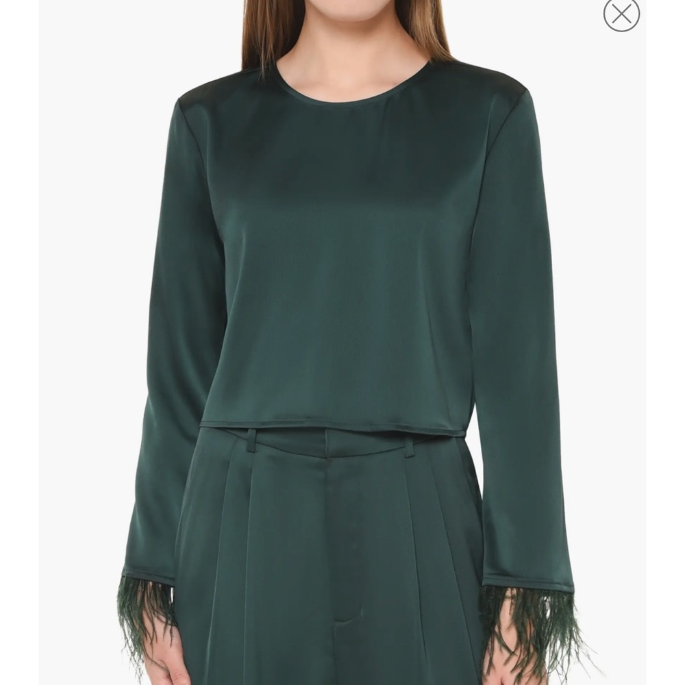 WAYF Merci Feather Cuff Satin Top in emerald. Worn once & dry cleaned! Size XS.